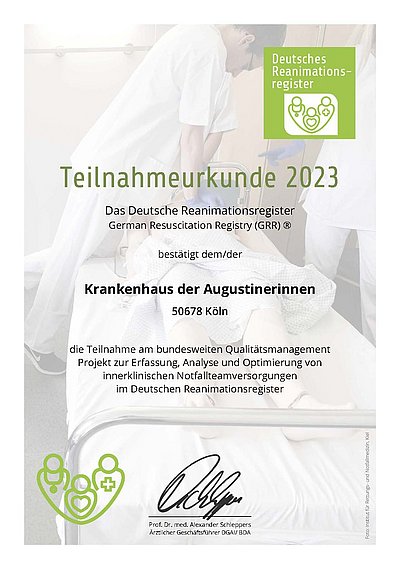 Urkunde Deutsches Reanimationsregister Krankenhaus der Augustinerinnen