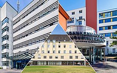 Collage von drei Außenansichten: Severinsklösterchen, St. Antonius Krankenhaus, St. Hildegardis Krankenhaus